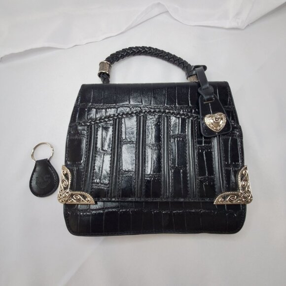 VTG M.C. MARC CHANTAL Black Embossed Croc Leather Handbag & Heart Charm - Picture 13 of 13